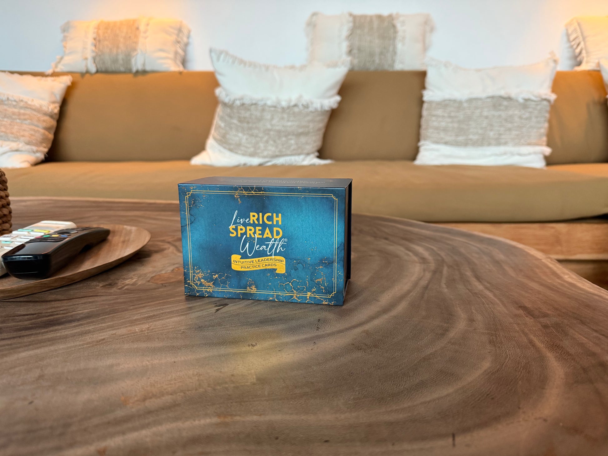 Founder’s Bundle: Intuitive Leadership Practice Deck on wood coffee table.